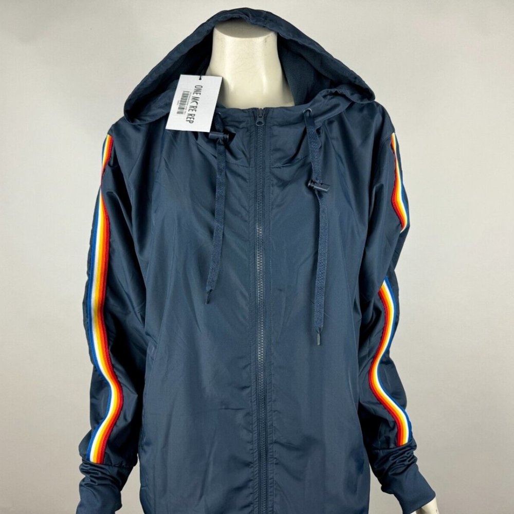 Zyia Navy Rainbow Bomber Jacket Women XXL NWT Full Zip Lined Hooded Windbreaker - Picture 7 of 13